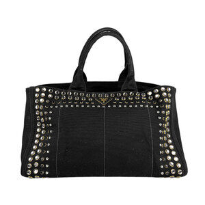 Prada Canapa Canvas Handbag Beads Black Silver Gold
